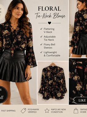 bebe Black Floral Tie-Neck Blouse